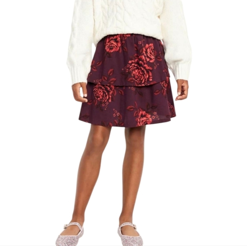 Old Navy‎ Girl's Floral Tiered Skirt Burgundy NWT Size Medium 8
